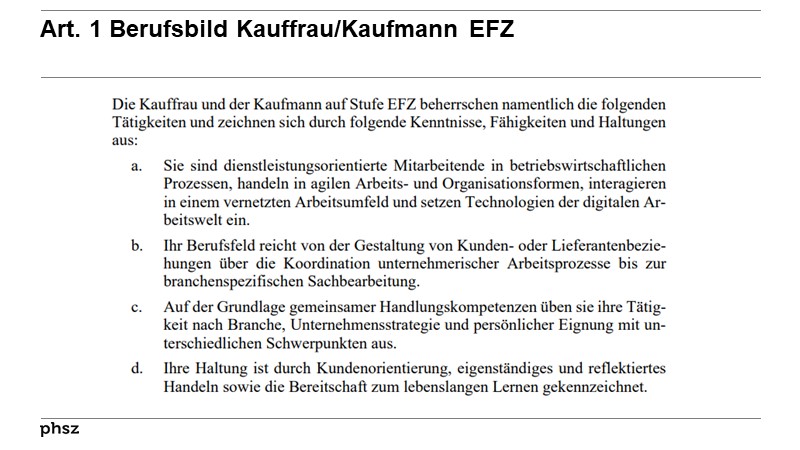 Art. 1 Berufsbild Kauffrau/Kaufmann EFZ